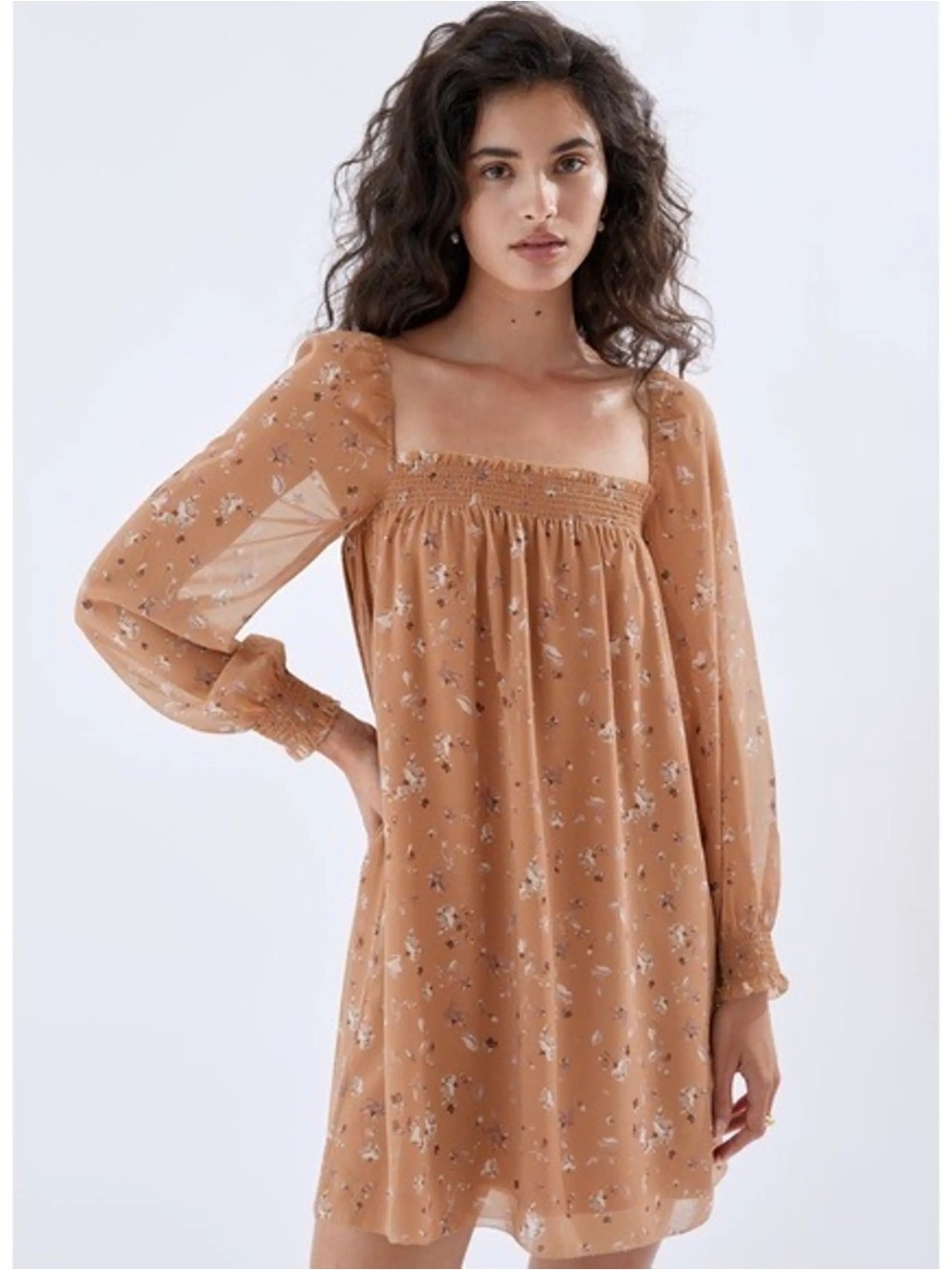 Aritzia Tan Floral Square-Neck Long-Sleeve Mini Dress